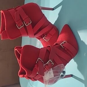 Catherine Malandrino Red Strappy Pointed-Toe Stiletto Ankle Boots